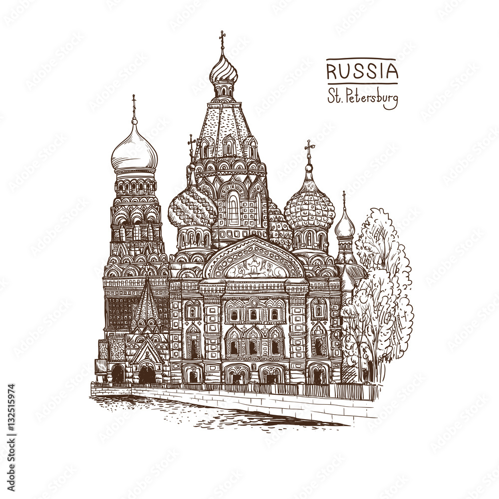 Vector sketch illustration. Tourist dostoprimechatelnost.Sobor Resurrection on Spilled Blood or Church of Our Savior in St. Petersburg, Russia