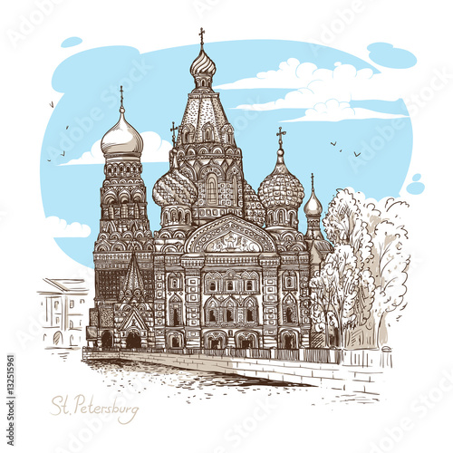 Vector sketch illustration. Tourist dostoprimechatelnost.Sobor Resurrection on Spilled Blood or Church of Our Savior in St. Petersburg, Russia