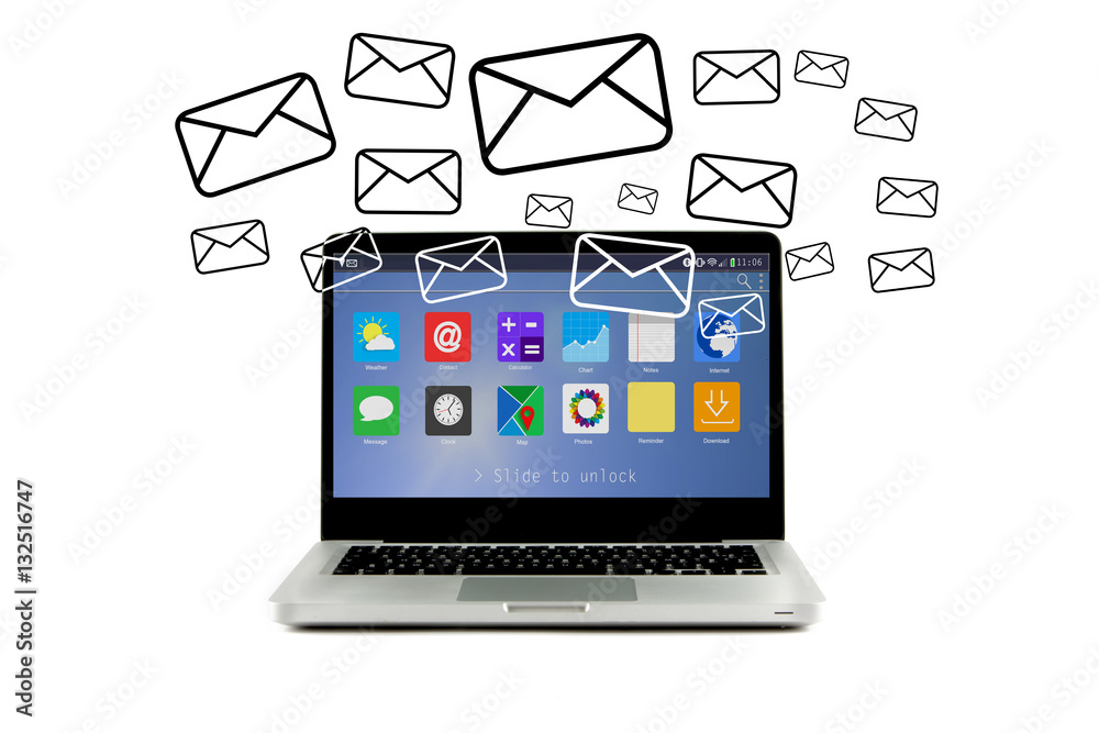 Email icons going out a computer Email icons going out a computer