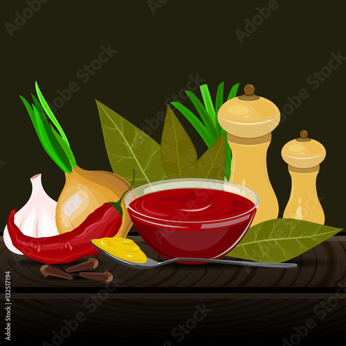 Condiments and spices vector illustration on the dark background. Spicy seasoning and flavoring vector illustration.