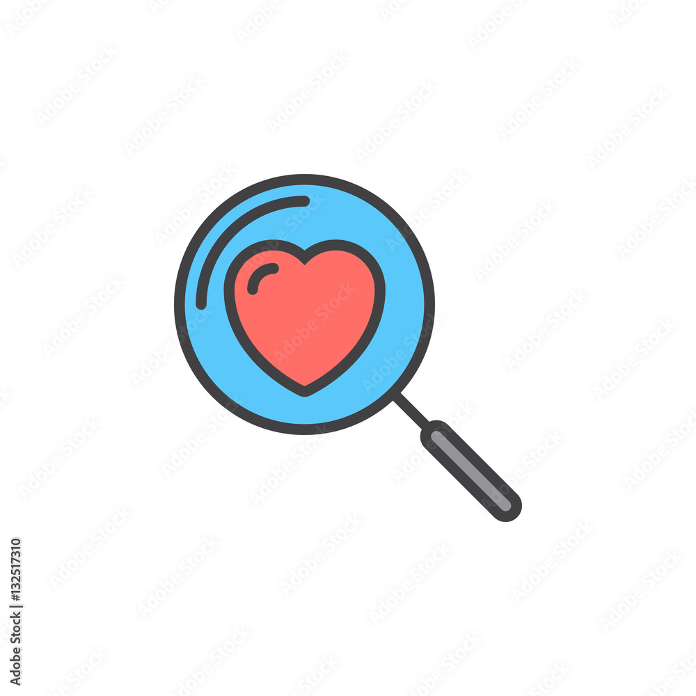Magnifying glass with heart line icon, filled outline vector sign, linear colorful pictogram isolated on white. Searching A Love Symbol, logo illustration Magnifying glass with heart line icon, filled outline vector sign, linear colorful pictogram isolated on white. Searching A Love Symbol, logo illustration