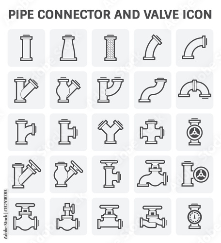 Pipe icon and flange fitting. Include control valve and metal hose or flexible metal. For pipeline construction to transportation liquid or gas i.e. oil, natural gas. Also for sewage, plumbing etc.