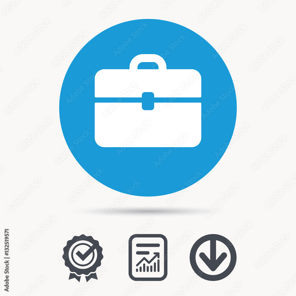 Briefcase icon. Diplomat handbag symbol. Business case sign. Achievement check, download and report file signs. Circle button with web icon. Vector Briefcase icon. Diplomat handbag symbol. Business case sign. Achievement check, download and report file signs. Circle button with web icon. Vector