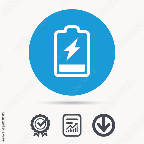 Battery power icon. Charging accumulator symbol. Achievement check, download and report file signs. Circle button with web icon. Vector