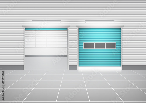 Vector of roller shutter door  and tile floor outside factory building for industrial background.