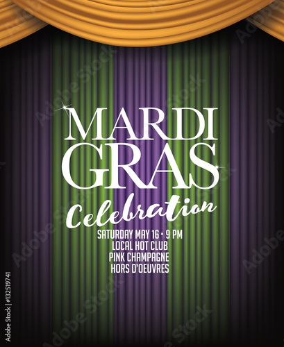 Mardi Gras background with spotlight and purple, gold and green dramatic curtains.For Mardi Gras party, celebration, invitation, sale or other event. EPS 10 vector.