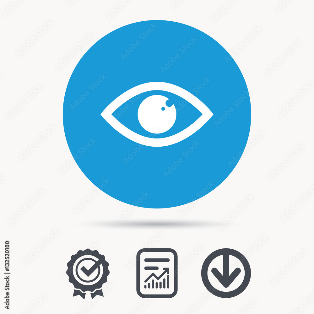 Eye icon. Eyeball vision symbol. Achievement check, download and report file signs. Circle button with web icon. Vector Eye icon. Eyeball vision symbol. Achievement check, download and report file signs. Circle button with web icon. Vector