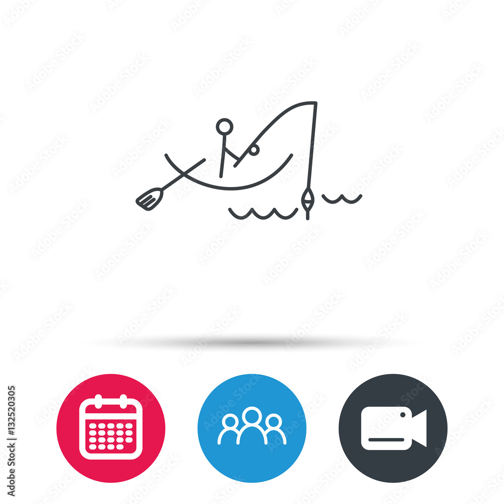 Fishing icon. Fisherman on boat in waves sign. Spinning sport symbol. Group of people, video cam and calendar icons. Vector
