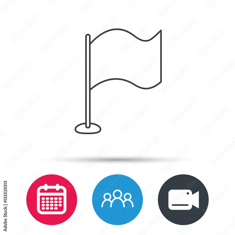 Waving flag icon. Location pointer sign. Group of people, video cam and calendar icons. Vector Waving flag icon. Location pointer sign. Group of people, video cam and calendar icons. Vector