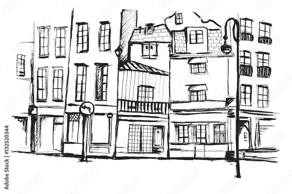 Fototapeta premium Widok ulicy w Paryżu. Rysunek ręcznie rysowany na białym tle.
