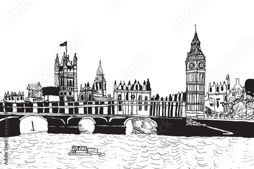 Panorama Londynu. Rysunek ręcznie rysowany na białym tle.