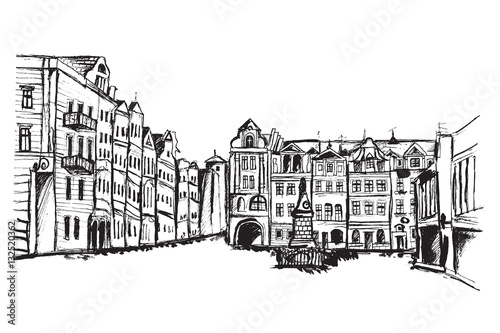 Panorama miasta Poznań. Rysunek ręcznie rysowany na białym tle.