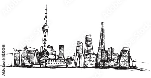 Panorama miasta Szanghaj. Rysunek ręcznie rysowany na białym tle.