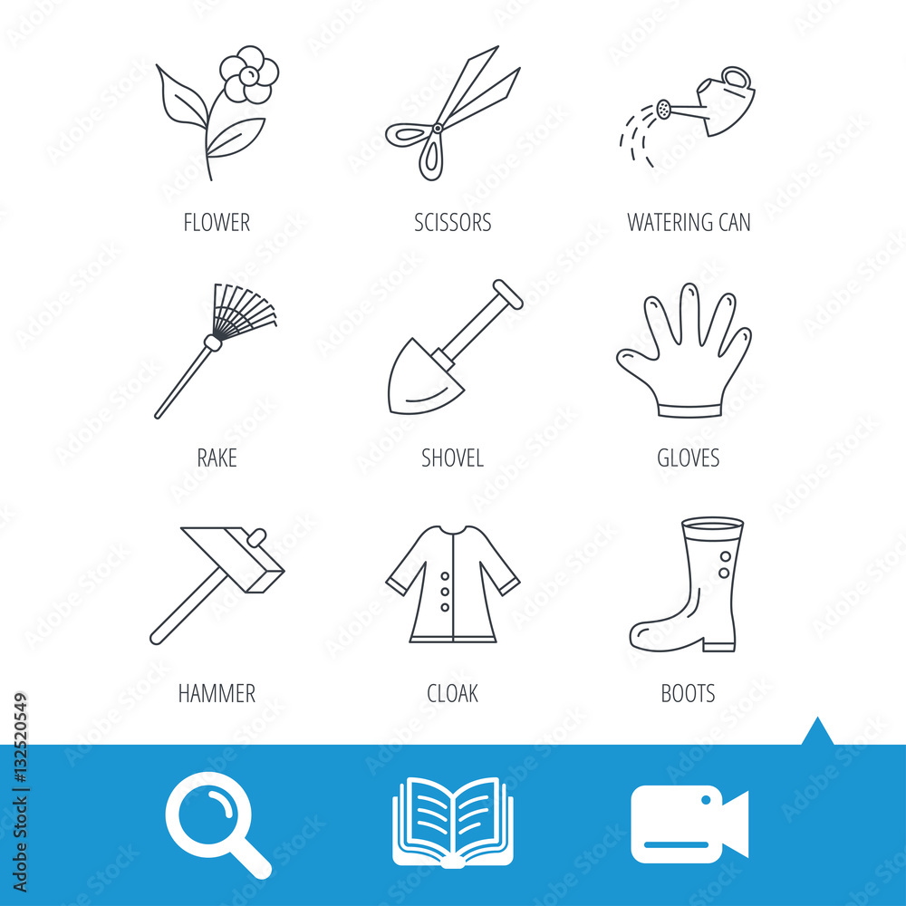 Scissors, hammer and gloves icons. Shovel, watering can and rake linear signs. Cloak, boots and flower flat line icons. Video cam, book and magnifier search icons. Vector Scissors, hammer and gloves icons. Shovel, watering can and rake linear signs. Cloak, boots and flower flat line icons. Video cam, book and magnifier search icons. Vector
