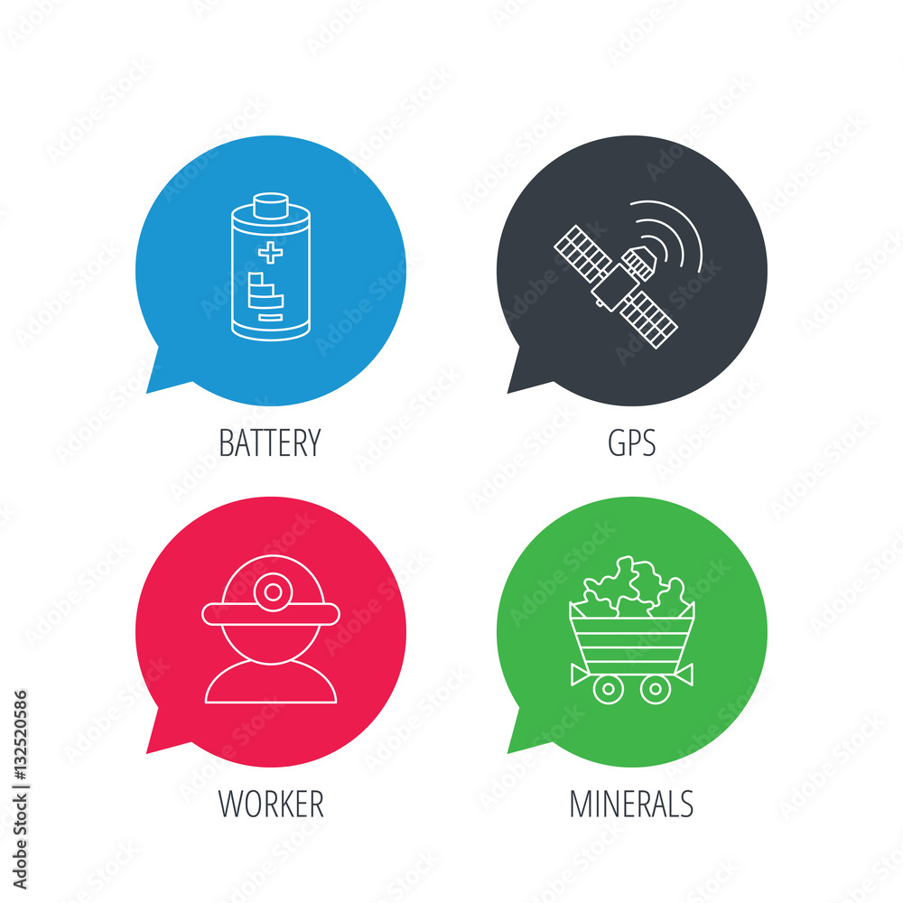 Colored speech bubbles. Worker, minerals and GPS satellite icons. Battery linear sign. Flat web buttons with linear icons. Vector