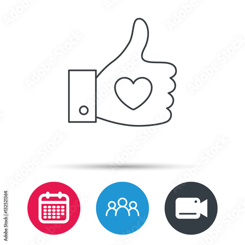 Thumb up like icon. Super cool vote sign. Social media symbol. Group of people, video cam and calendar icons. Vector