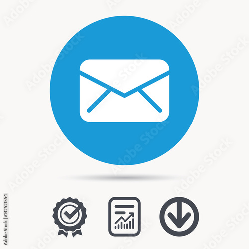 Envelope icon. Send email message sign. Internet mailing symbol. Achievement check, download and report file signs. Circle button with web icon. Vector