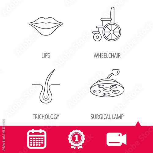 Achievement and video cam signs. Trichology, surgical lamp and wheelchair icons. Lips linear sign. Calendar icon. Vector