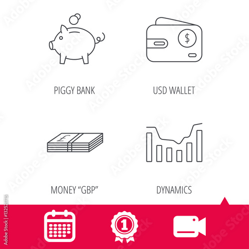 Achievement and video cam signs. Piggy bank, cash money and dynamics chart icons. USD wallet linear sign. Calendar icon. Vector