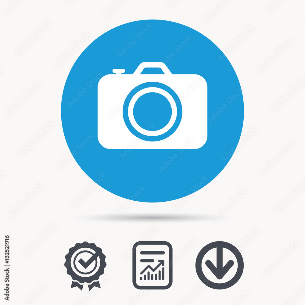 Camera icon. Professional photocamera symbol. Achievement check, download and report file signs. Circle button with web icon. Vector Camera icon. Professional photocamera symbol. Achievement check, download and report file signs. Circle button with web icon. Vector