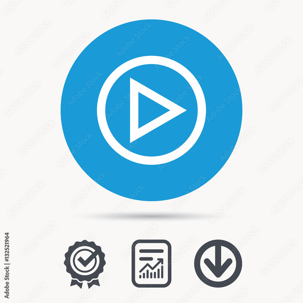 Play icon. Audio or Video player symbol. Achievement check, download and report file signs. Circle button with web icon. Vector Play icon. Audio or Video player symbol. Achievement check, download and report file signs. Circle button with web icon. Vector