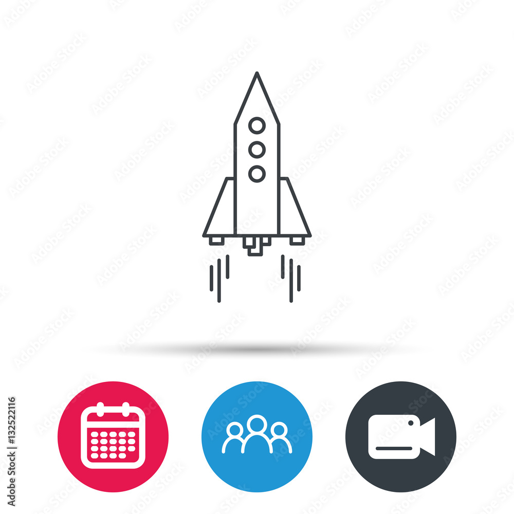 Rocket icon. Startup business sign. Spaceship shuttle symbol. Group of people, video cam and calendar icons. Vector