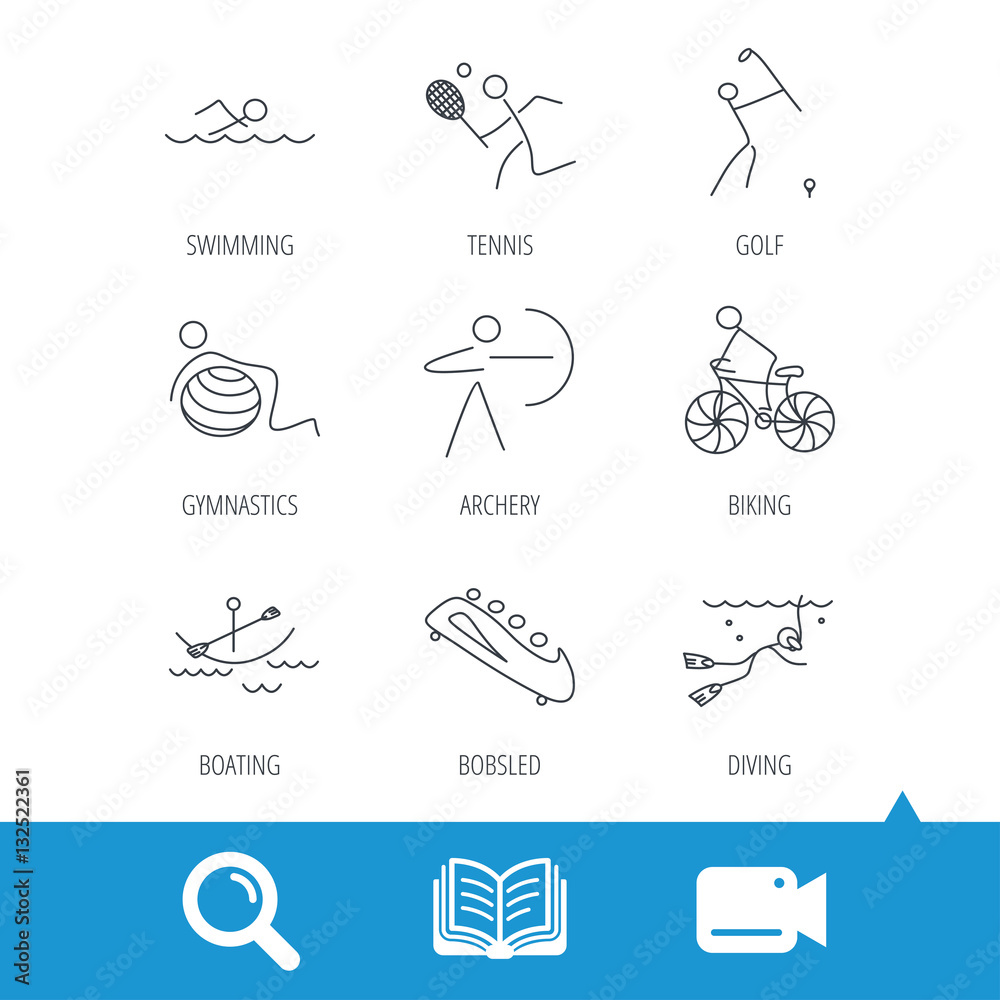Swimming, tennis and golf icons. Biking, diving and gymnastics linear signs. Archery, boating and bobsleigh icons. Video cam, book and magnifier search icons. Vector