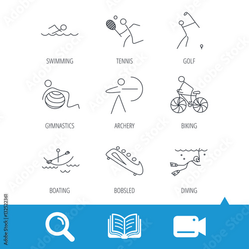 Swimming, tennis and golf icons. Biking, diving and gymnastics linear signs. Archery, boating and bobsleigh icons. Video cam, book and magnifier search icons. Vector