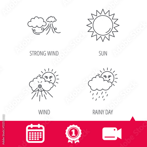 Achievement and video cam signs. Weather  strong wind and rainy day icons. Sun linear sign. Calendar icon. Vector