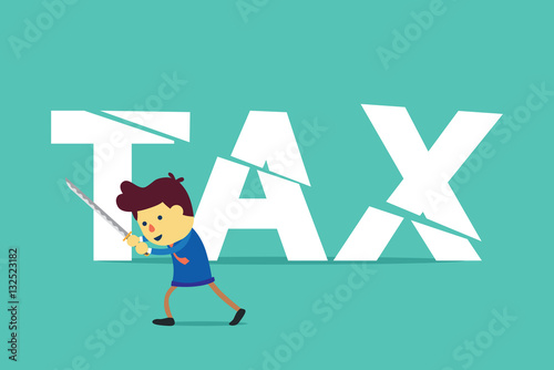 Businessman cut tax with sword. This illustration about save money by tax deduction.