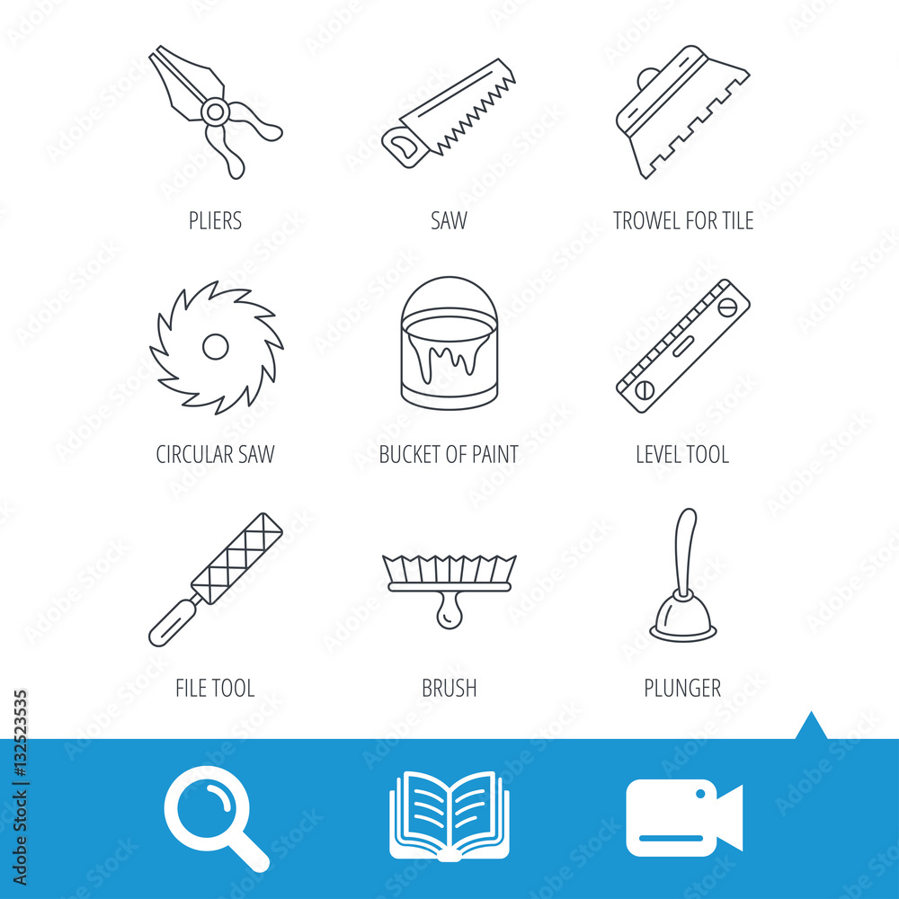 Trowel for tile, saw and brush tool icons. Level and file tool, bucket of paint linear signs. Plunger, pliers icons. Video cam, book and magnifier search icons. Vector Trowel for tile, saw and brush tool icons. Level and file tool, bucket of paint linear signs. Plunger, pliers icons. Video cam, book and magnifier search icons. Vector