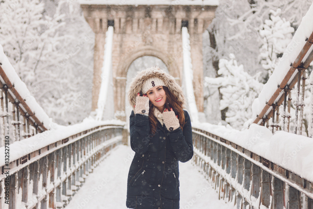 Winter portrait of a beautiful woman in the heavy snow