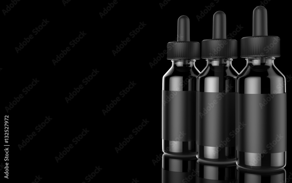 E cigarettes Liquid Bottle on black background. Vape. 3d illustration. E cigarettes Liquid Bottle on black background. Vape. 3d illustration.