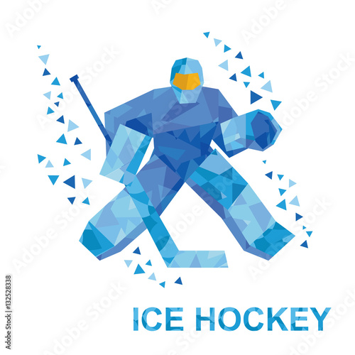 Winter sports - ice hockey. Cartoon goalkeeper with hockey-stick catches the puck. Player in helmet and with shields isolated on white background. Flat style vector clip art with patterns.