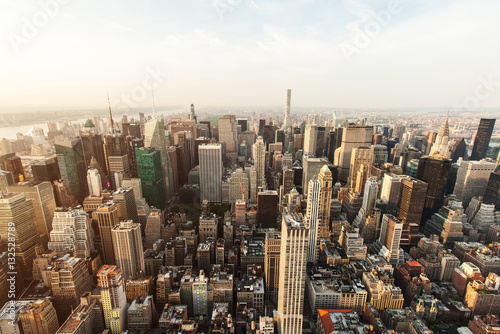 фотография New York City Manhattan street aerial view with skyscrapers, pedestrian and busy traffic