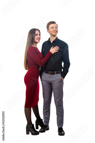girl in a red dress and a man in a black shirt