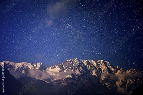 Night landscape in the mountains. Shkhara mountain. Georgia. Ushguli village. © Kateryna