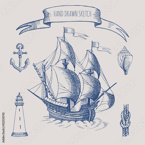 Old caravel, vintage sailboat. Hand drawn vector sketch.