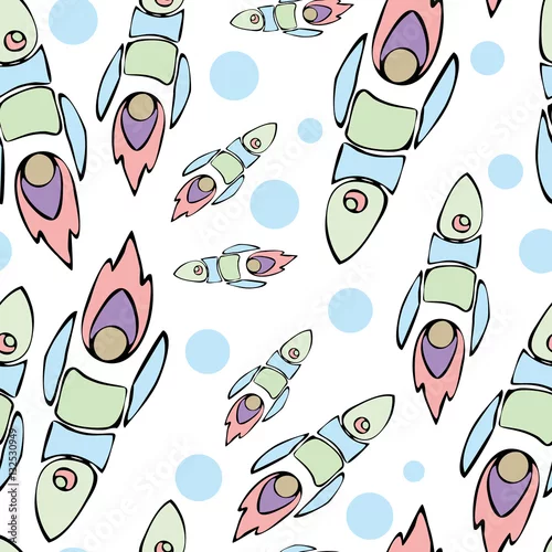 Tapety Śliczny i kolorowy astronautyczny bezszwowy deseniowy tło z rakietami. Fioletowy, różowy i niebieski.