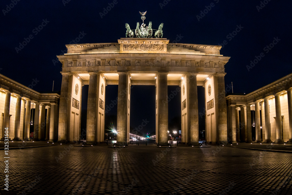 Berlin, Germany - December 20, 2016: Classic view of famous Brandenburg Gate of Berlin, Germany's most famous landmark and a national symbol at night