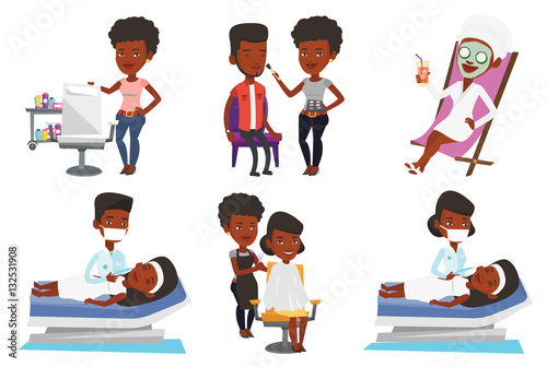 Vector set of people during beauty procedures.
