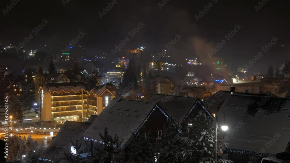 Time lapse of night winter snow village. mountain tourism. winter season Time lapse of night winter snow village. mountain tourism. winter season