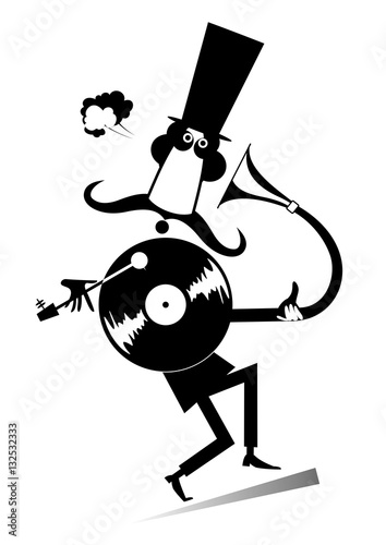 Funny mustached man in the top hat is listening music on the vintage record player decor illustration