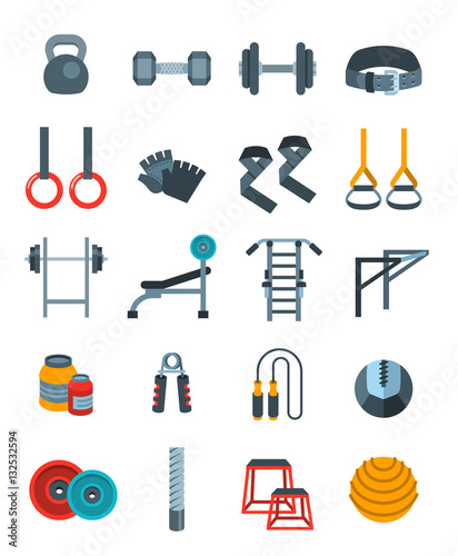 Weightlifting flat vector icons set. Bodybuilding exercises equipment pictograms. Weight lifting training objects. Powerlifting gym workout elements. Healthy lifestyle and physical activity symbols