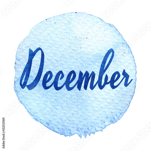 Blue watercolor circle with word December isolated on a white background. Sticker, label, round shape