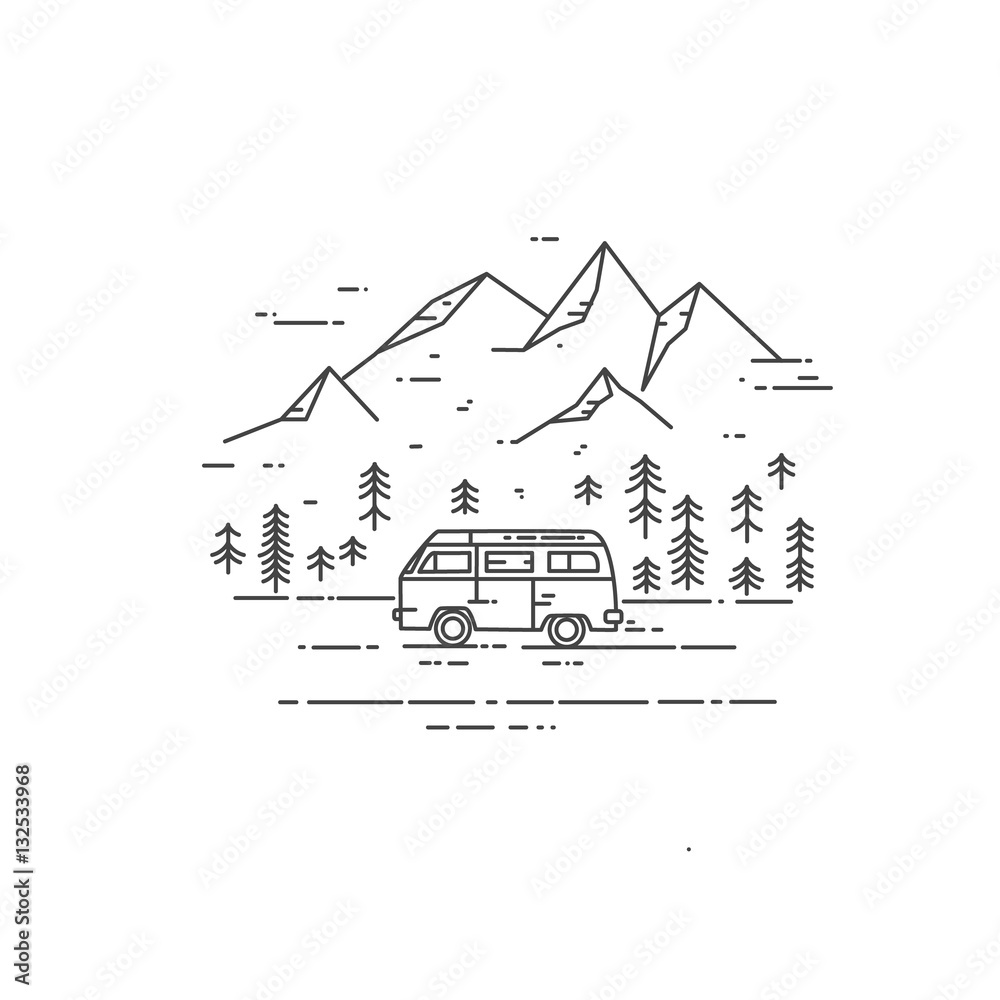 Naklejka premium Road trip vector flat line illustration.