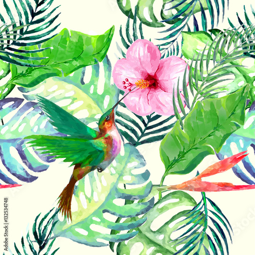 Watercolor Wild exotic birds on flowers seamless pattern on white background.