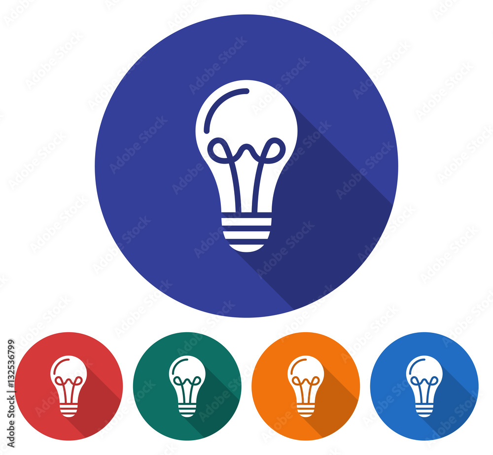 Round icon of lighting lamp. Flat style illustration with long shadows in five variants background color Round icon of lighting lamp. Flat style illustration with long shadows in five variants background color