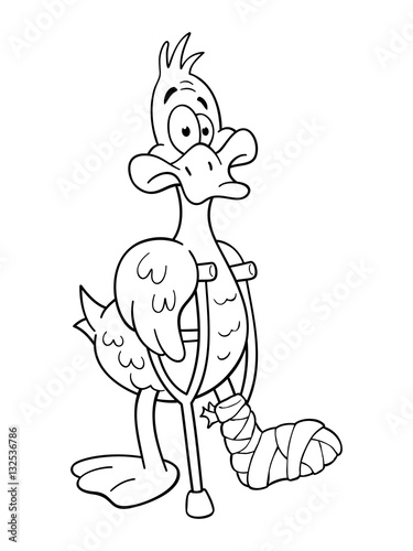 Black and white illustration of lame duck with pair of crutches. Funny cartoon character