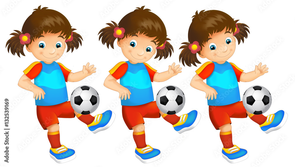 Cartoon child - girl - playing football - activity - illustration for children Cartoon child - girl - playing football - activity - illustration for children